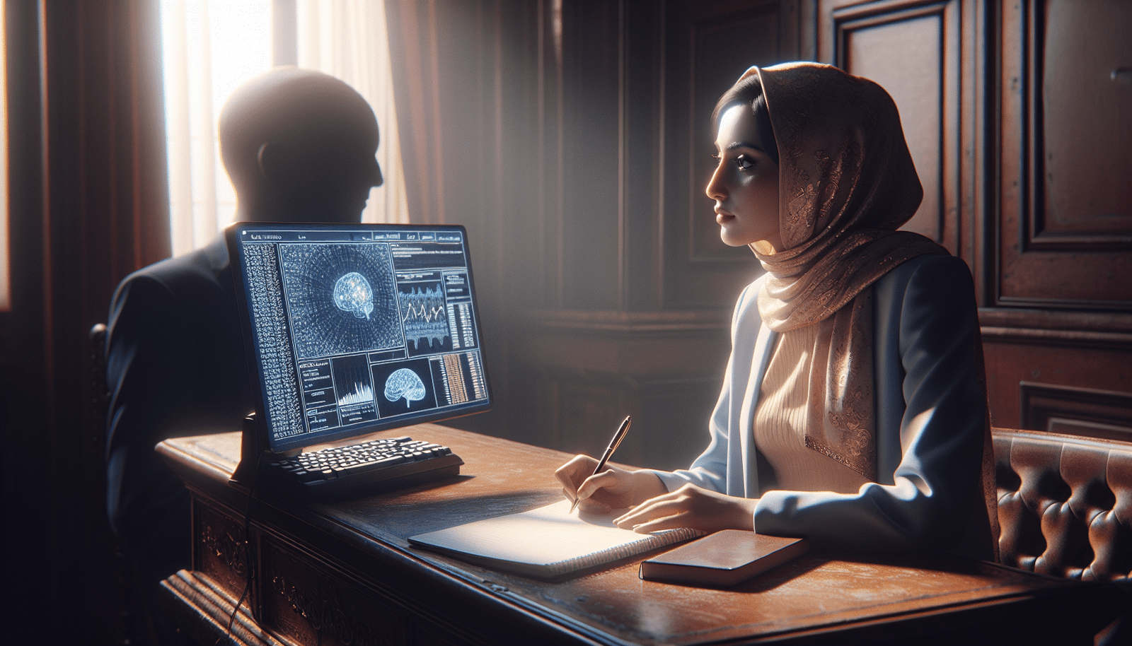 Un journaliste humain, tenant un carnet et un stylo, assis à un bureau traditionnel tout en interagissant avec un écran d'ordinateur sur lequel des algorithmes et des données d'IA sont visualisés, symbolisant la collaboration et non la substitution. La scène est équilibrée entre le numérique et l'humain, avec une ambiance de synergie créative et optimiste, tons chauds.