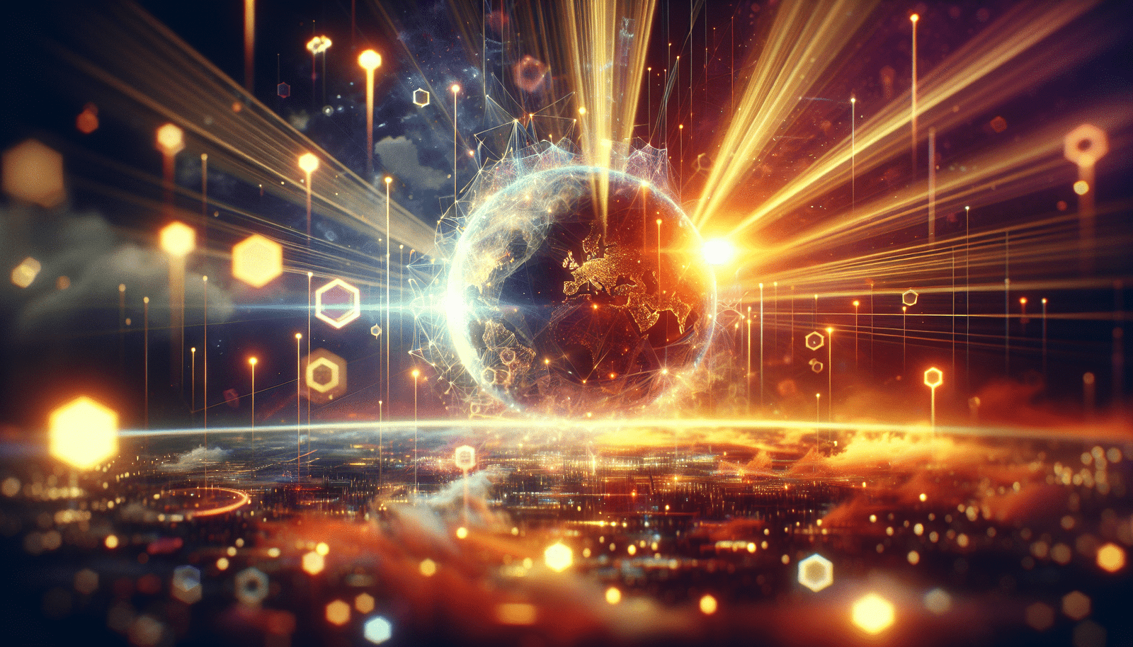 Un réseau neuronal stylisé et lumineux s'étendant à travers un globe terrestre, symbolisant l'IA qui connecte et approfondit l'information mondiale. Des faisceaux de lumière colorés représentent la précision et la complétude des résultats de recherche, avec des formes géométriques abstraites flottant autour, évoquant le traitement des données.