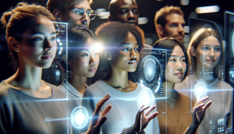 A vibrant, dynamic image of diverse young people (Gen Z) confidently interacting with glowing holographic interfaces and AI tools, showcasing enthusiasm and ease. The background is a futuristic, tech-infused workspace with a blend of digital and human elements.