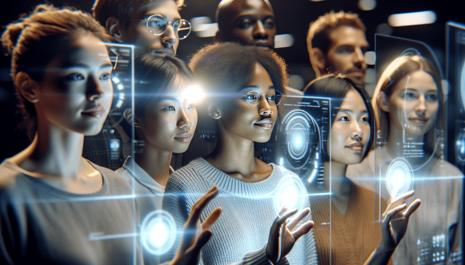 A vibrant, dynamic image of diverse young people (Gen Z) confidently interacting with glowing holographic interfaces and AI tools, showcasing enthusiasm and ease. The background is a futuristic, tech-infused workspace with a blend of digital and human elements.