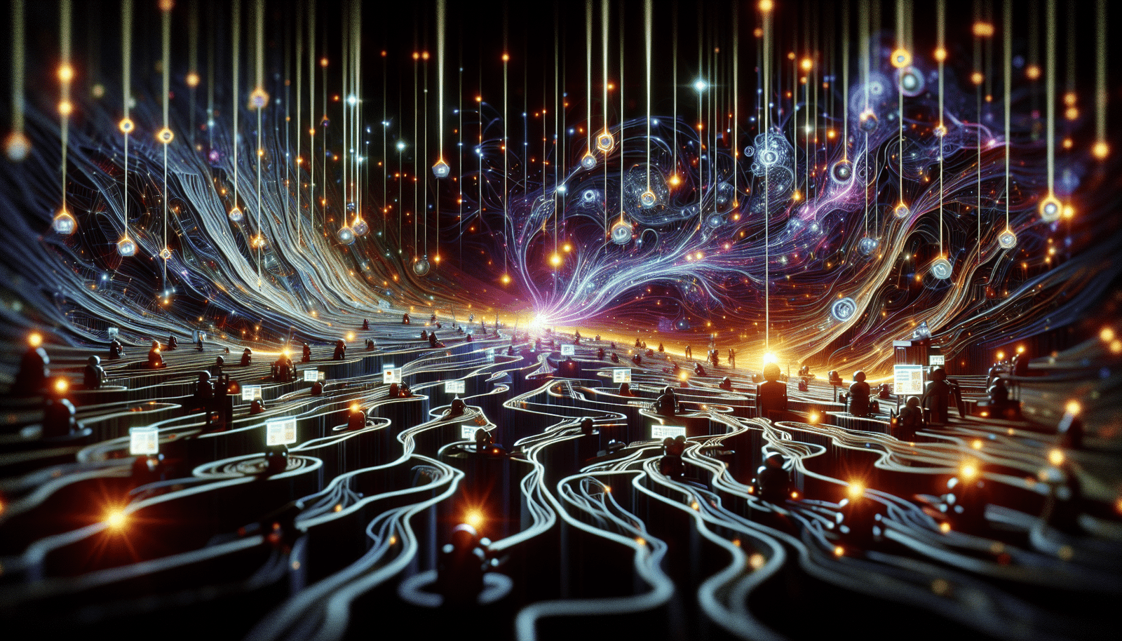 Un réseau complexe de neurones stylisés, des flux de données lumineux traversant un labyrinthe abstrait, avec des petits robots annotant méticuleusement des images et des textes au milieu, représentant le travail de labellisation des données pour l'IA. Les couleurs sont vives et dynamiques, symbolisant le flux continu d'informations et l'innovation.