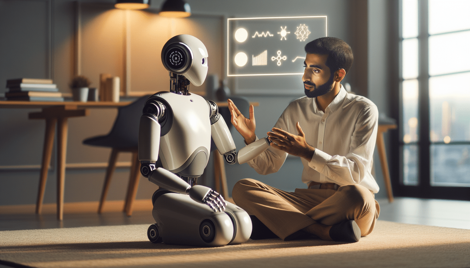 A humanoid robot (like 4NE1) gracefully interacting with a person in a modern home or office setting. The robot's movements are fluid and natural, and the human appears comfortable and engaged. Focus on the collaborative and assistive aspect. Soft, warm lighting, futuristic but friendly atmosphere.