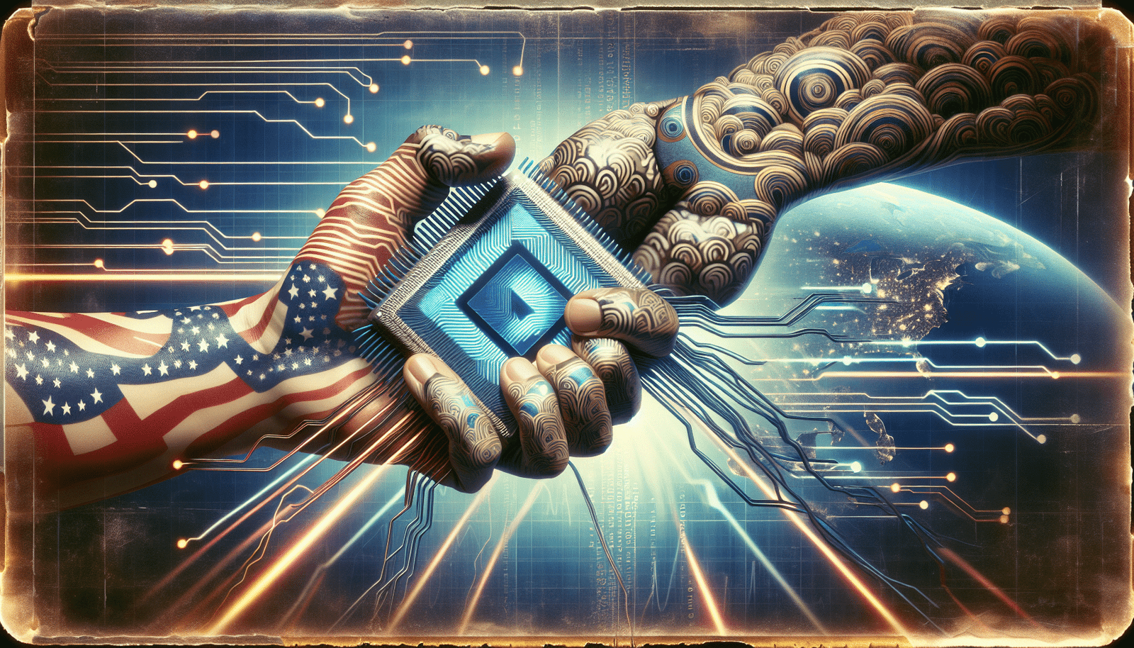 A powerful, symbolic image of two abstract, stylized hands, one representing the US (perhaps with digital stars and stripes motifs) and the other China (with traditional cloud or dragon patterns), pushing against each other over a glowing, intricate AI chip. The background shows blurred global maps and data flows, emphasizing the geopolitical and technological conflict.