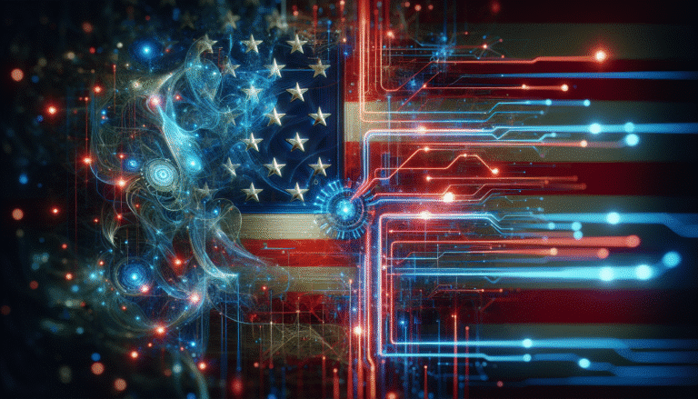 A futuristic, stylized image of artificial intelligence neural networks intertwining with the American flag, symbolizing technology and national policy. Use vibrant blue and red hues, with subtle glowing lines and abstract digital patterns.