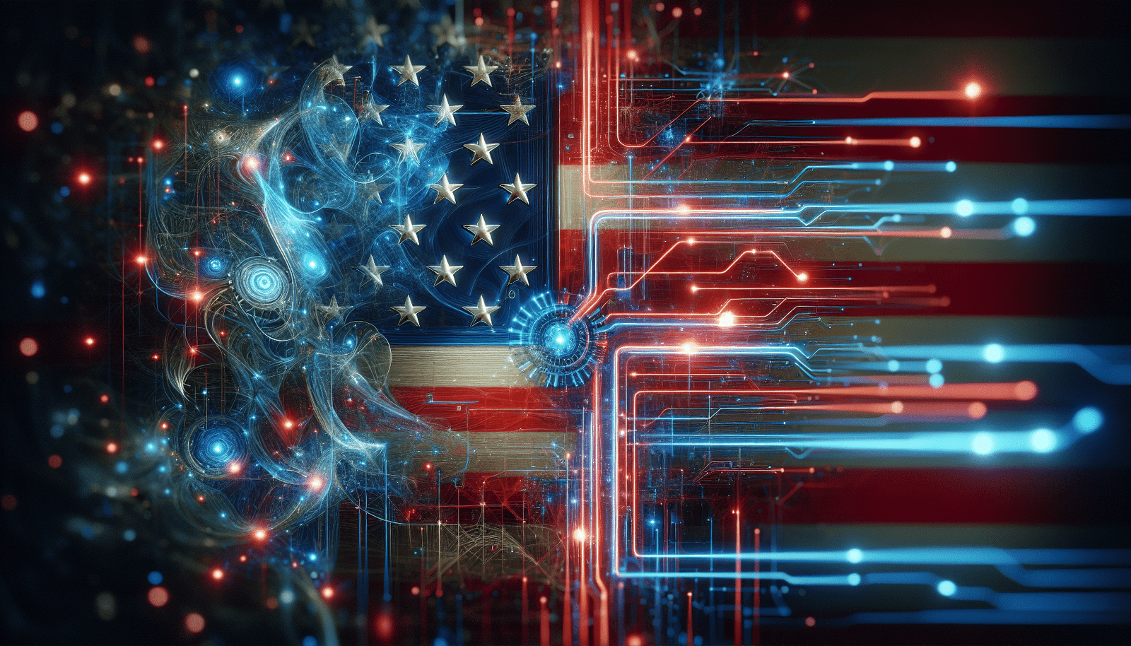 A futuristic, stylized image of artificial intelligence neural networks intertwining with the American flag, symbolizing technology and national policy. Use vibrant blue and red hues, with subtle glowing lines and abstract digital patterns.