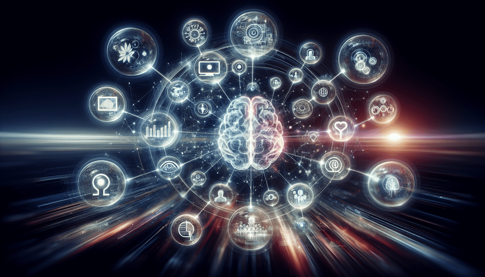 Une composition visuelle où des lignes lumineuses et interconnectées forment un cerveau stylisé au centre. Autour de ce cerveau, des bulles translucides contiennent des icônes représentant des émotions, des lieux, des événements, et des personnes, symbolisant la capacité de l'IA à comprendre l'intention humaine. De ces bulles émanent des photos floues qui se transforment en images nettes et vibrantes, illustrant la génération de réponses pertinentes. Ambiance futuriste et cognitive.