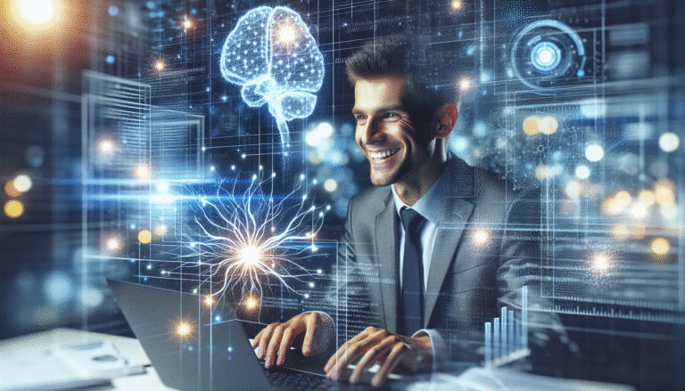 visuel Discover >1200px, Un journaliste souriant, moderne et concentré, travaille sur un ordinateur portable, entouré d'hologrammes lumineux représentant du texte, des statistiques et des idées créatives. L'ambiance est dynamique et collaborative, avec des éclairs de génie symbolisés par des neurones stylisés en arrière-plan.