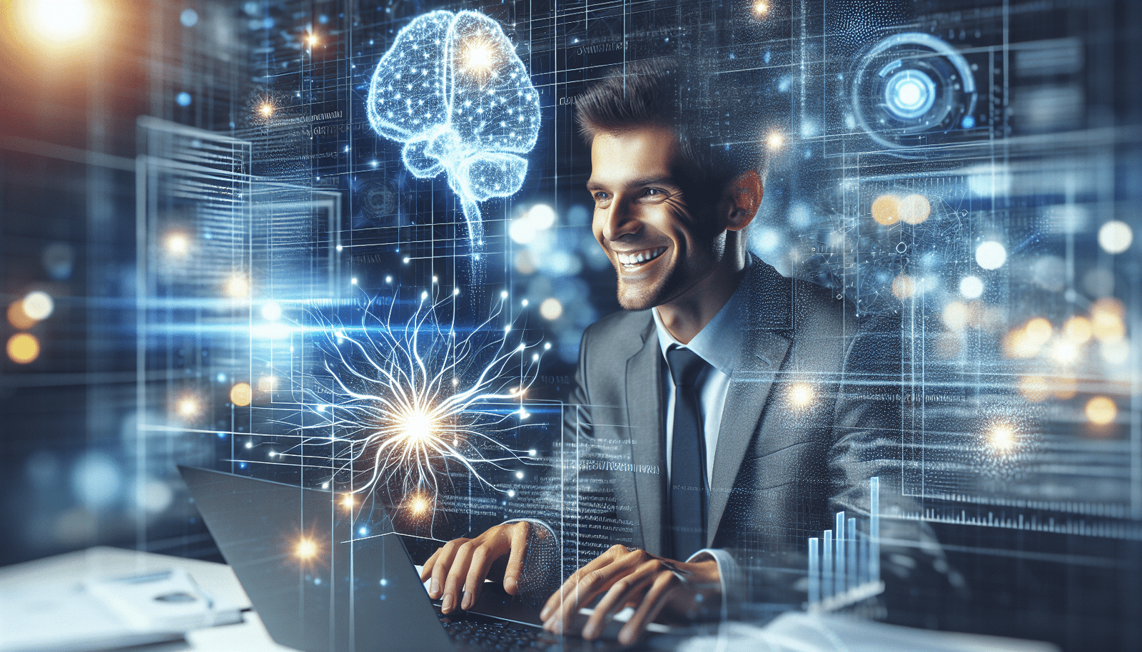 visuel Discover >1200px, Un journaliste souriant, moderne et concentré, travaille sur un ordinateur portable, entouré d'hologrammes lumineux représentant du texte, des statistiques et des idées créatives. L'ambiance est dynamique et collaborative, avec des éclairs de génie symbolisés par des neurones stylisés en arrière-plan.