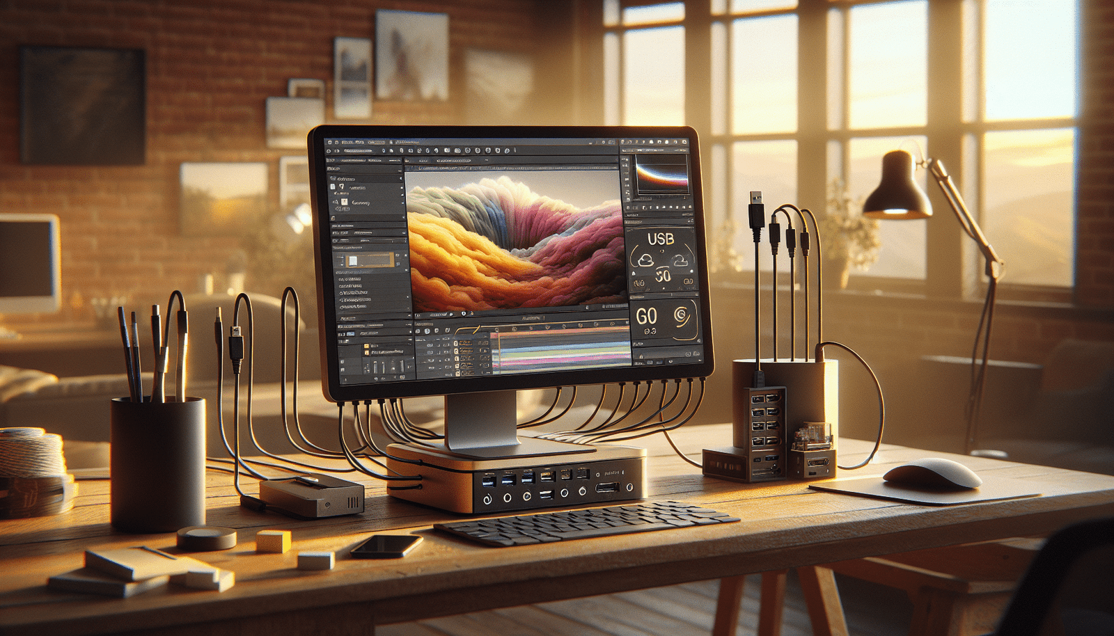 A stylized diagram showing a Minisforum AI X1 connected to multiple devices via Wi-Fi 7 signals, USB-C cables, and an external monitor showing creative content or a game. Emphasize seamless connectivity and data flow in a modern home office setting. Cinematic lighting, technological aesthetic.