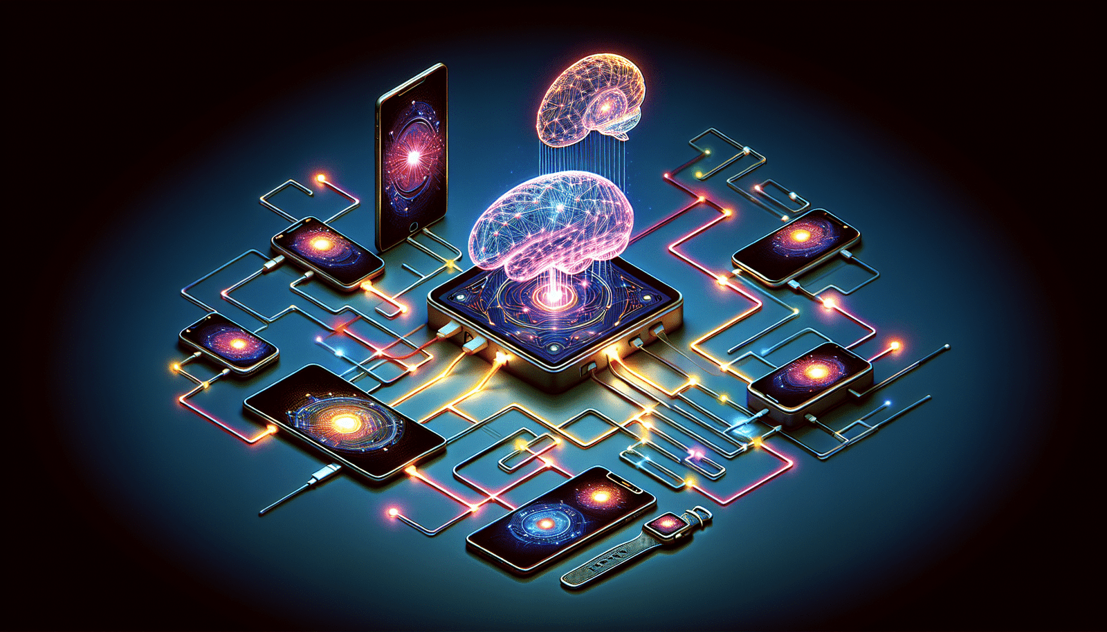 Une vue isométrique stylisée d'un écosystème numérique connecté, avec des smartphones, des tablettes et des smartwatches interconnectés par des lignes lumineuses. Au centre, un symbole d'IA (par exemple, un cerveau stylisé ou un réseau neuronal) émettant des ondes de données vers les appareils périphériques. L'ambiance est propre, moderne et interconnectée, avec des accents lumineux.
