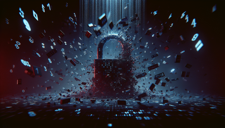 Une image abstraite et sombre de données s'échappant d'un cadenas numérique brisé, symbolisant une fuite de données massive. Des chiffres et du code flottent dans l'air, soulignant l'ampleur. Couleurs dominantes : bleu nuit, rouge bordeaux. Style numérique et impactant.