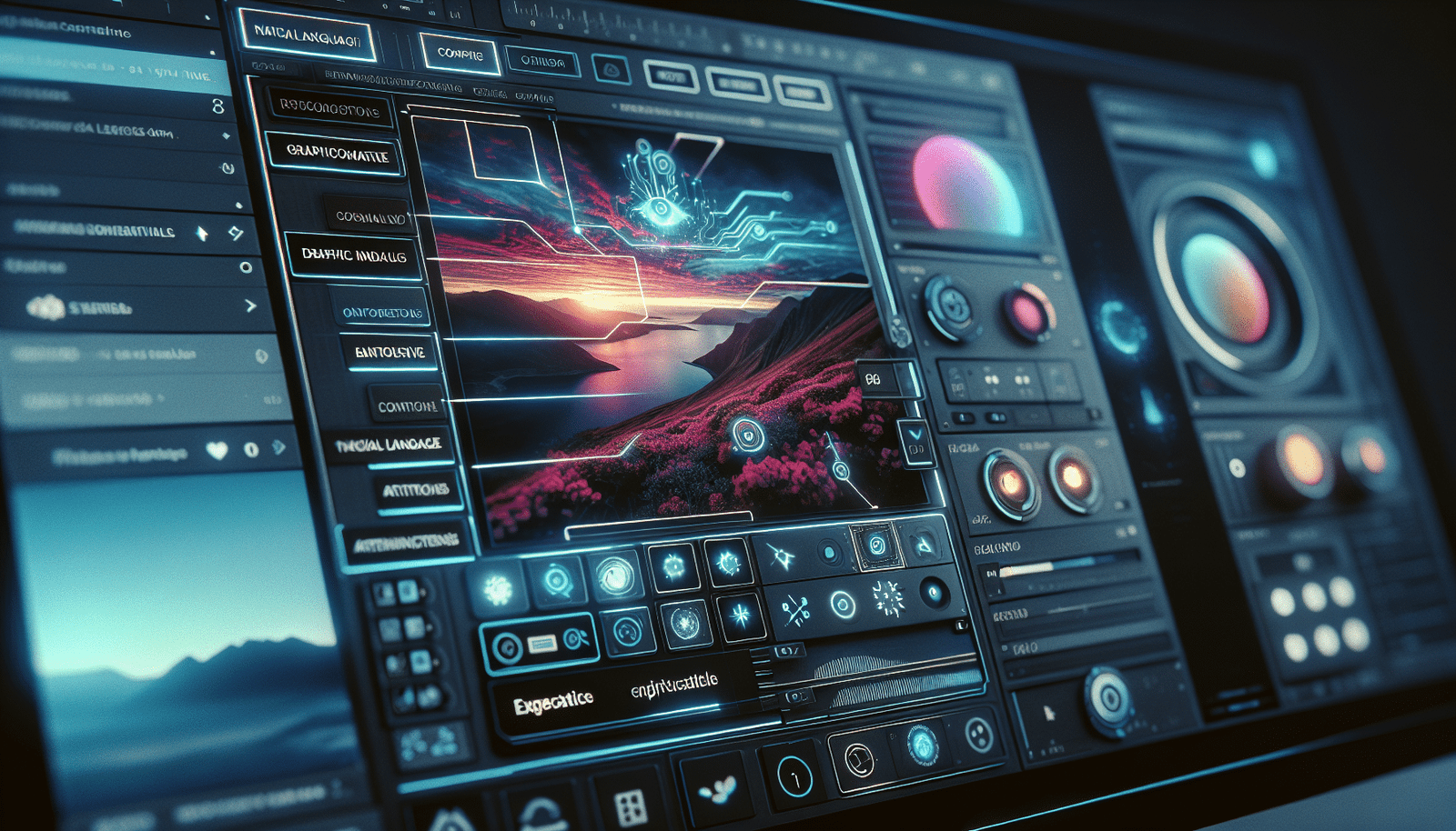Un gros plan sur un écran d'ordinateur affichant l'interface de Photoshop. Un panneau latéral futuriste et interactif est visible, avec des icônes lumineuses et des suggestions textuelles en langage naturel. Au centre de l'écran, une photo de paysage est en cours d'amélioration spectaculaire grâce à l'IA, avec un ciel dramatique et des éléments indésirables s'estompant. Ambiance de créativité et d'efficacité.