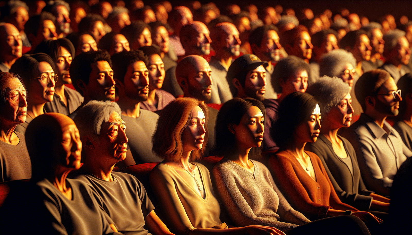 A diverse group of people, representing different generations, sitting in a theater audience, captivated by a stage where subtle digital projections interact with human actors, conveying themes of communication and human connection. Warm lighting, empathetic expressions.