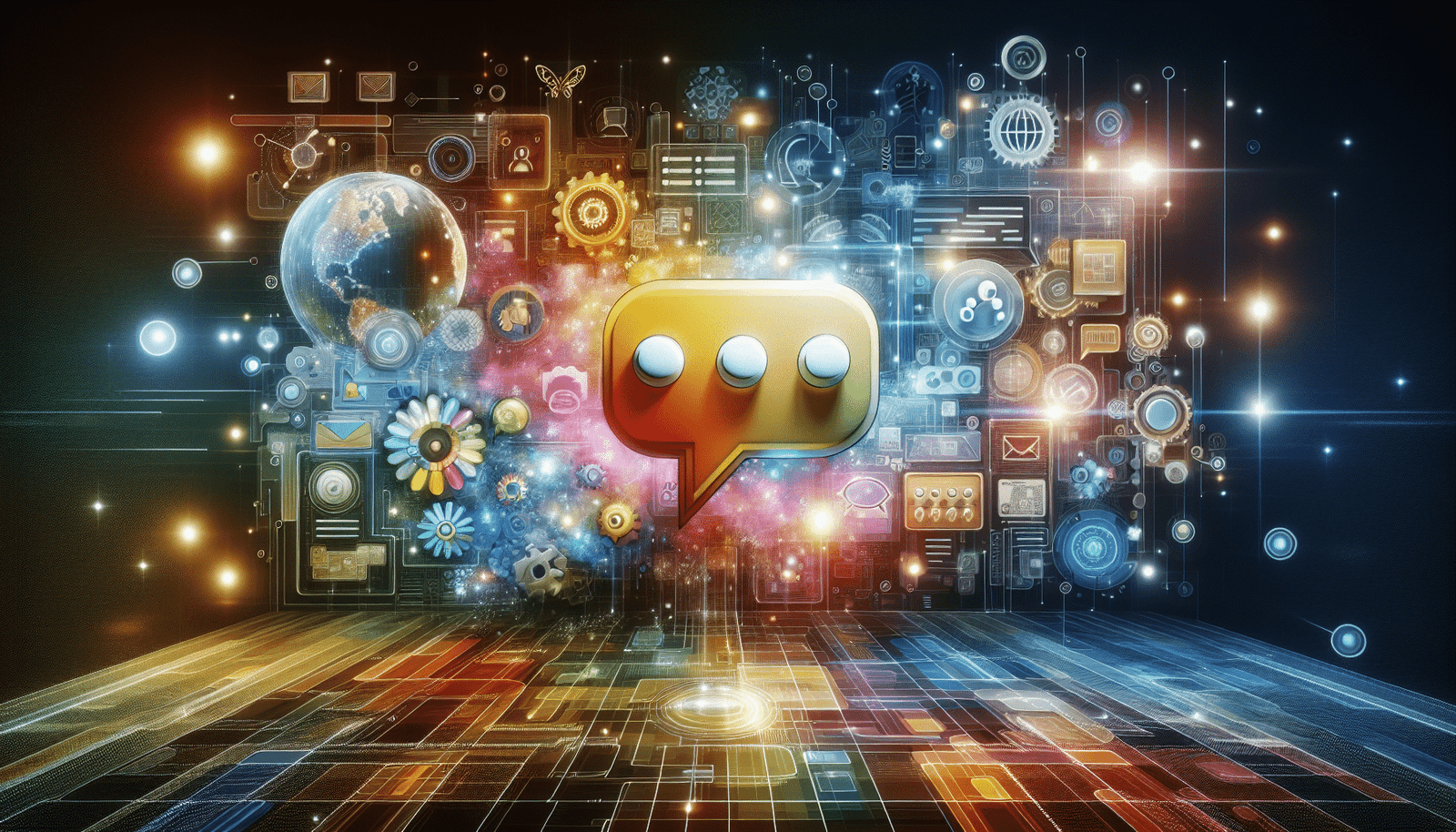 A vibrant, multi-layered digital interface displaying text and diverse content types, with a subtle chat bubble icon at the center. The background features abstract representations of global communication, creativity, and data processing. The style is modern, clean, and dynamic, using bright, friendly colors to convey ease of use and versatility. Focus on light and digital glow effects.