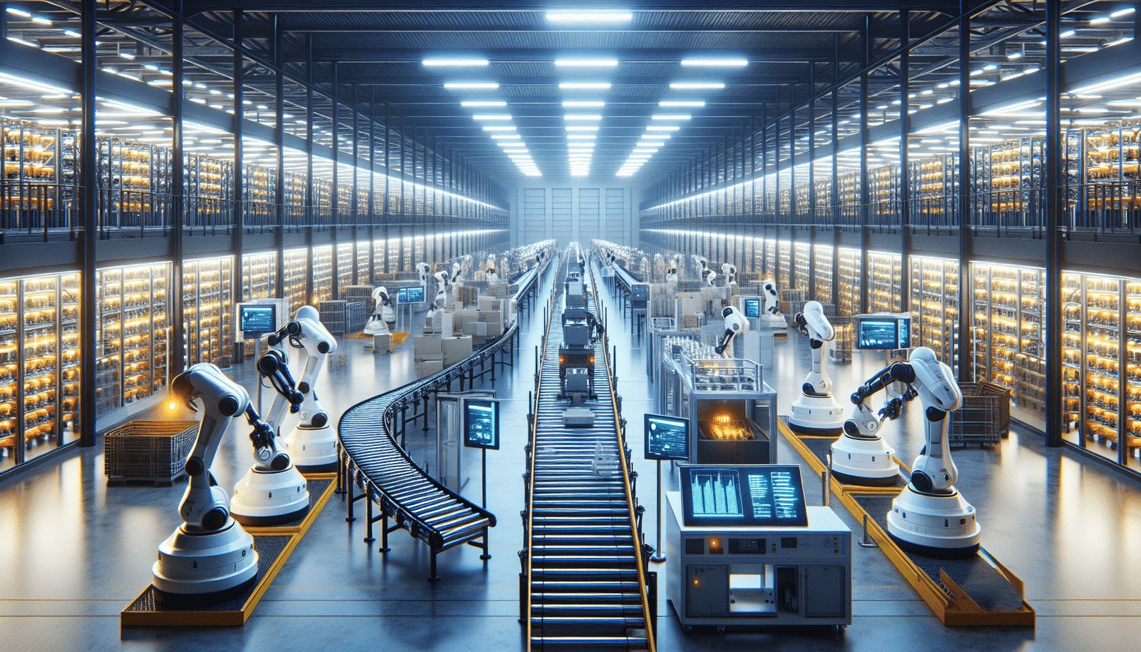 Un entrepôt moderne et automatisé, des robots triant des produits sur des tapis roulants. Des écrans de contrôle affichent des données d'inventaire optimisées par l'IA. Ambiance propre, efficace, lumières vives, représentant l'optimisation logistique.