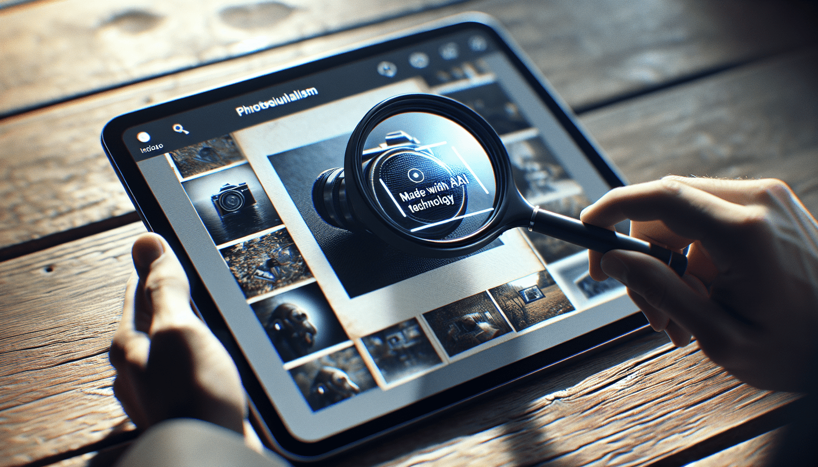 A digital magnifying glass hovering over a photo on a tablet screen, revealing a subtle but clear "Made with Google AI" watermark or tag, symbolizing the new AI image detection feature in Google Photos and promoting transparency.