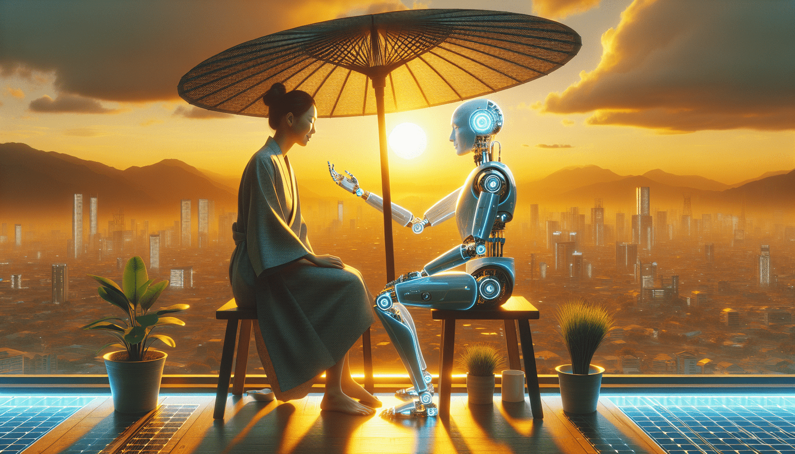 Une scène illustrant un assistant IA intelligent (représenté par un hologramme discret ou un robot stylisé, non menaçant) aidant une personne à la fois dans un cadre domestique (smart home) et professionnel (bureau organisé et vert), avec des éléments de durabilité et d'innovation (panneaux solaires, données médicales affichées) en arrière-plan. L'ambiance est lumineuse et positive.