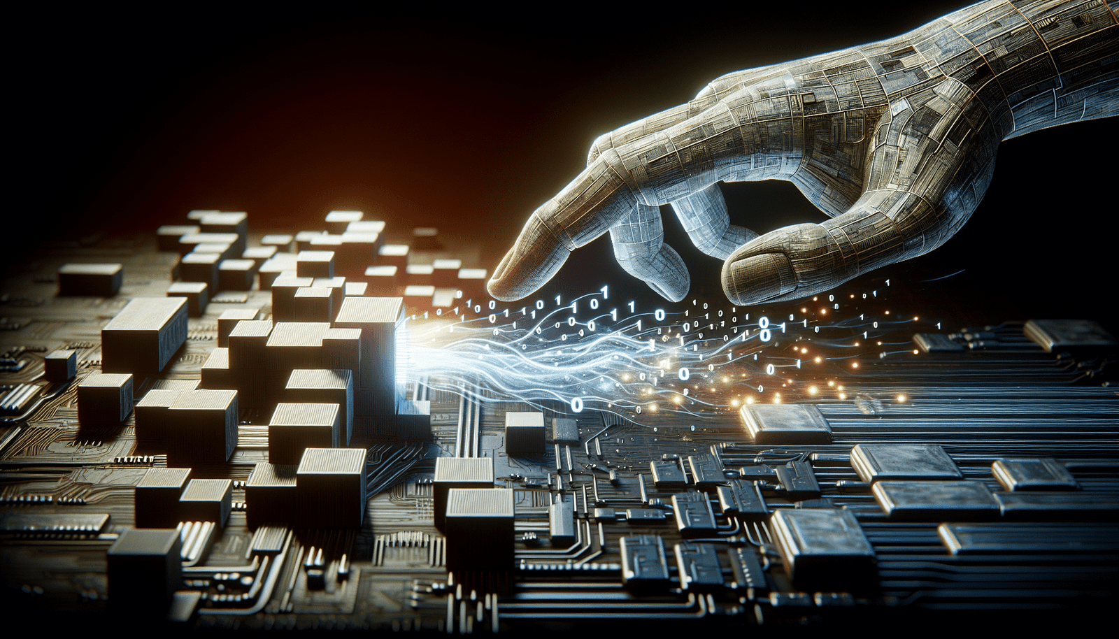 A digital hand pushing away abstract, geometric barriers or outdated policy documents, revealing a vibrant, flowing stream of binary code and data representing innovation in AI. The background is a subtle, modern tech landscape with glowing circuits and dynamic network lines.
