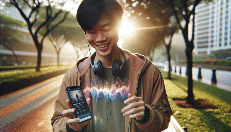 A person with headphones, smiling, walking in a park while their smartphone screen displays abstract sound waves and search results, indicating they are listening to an AI-generated audio overview. The scene is bright and dynamic, showcasing effortless information consumption.