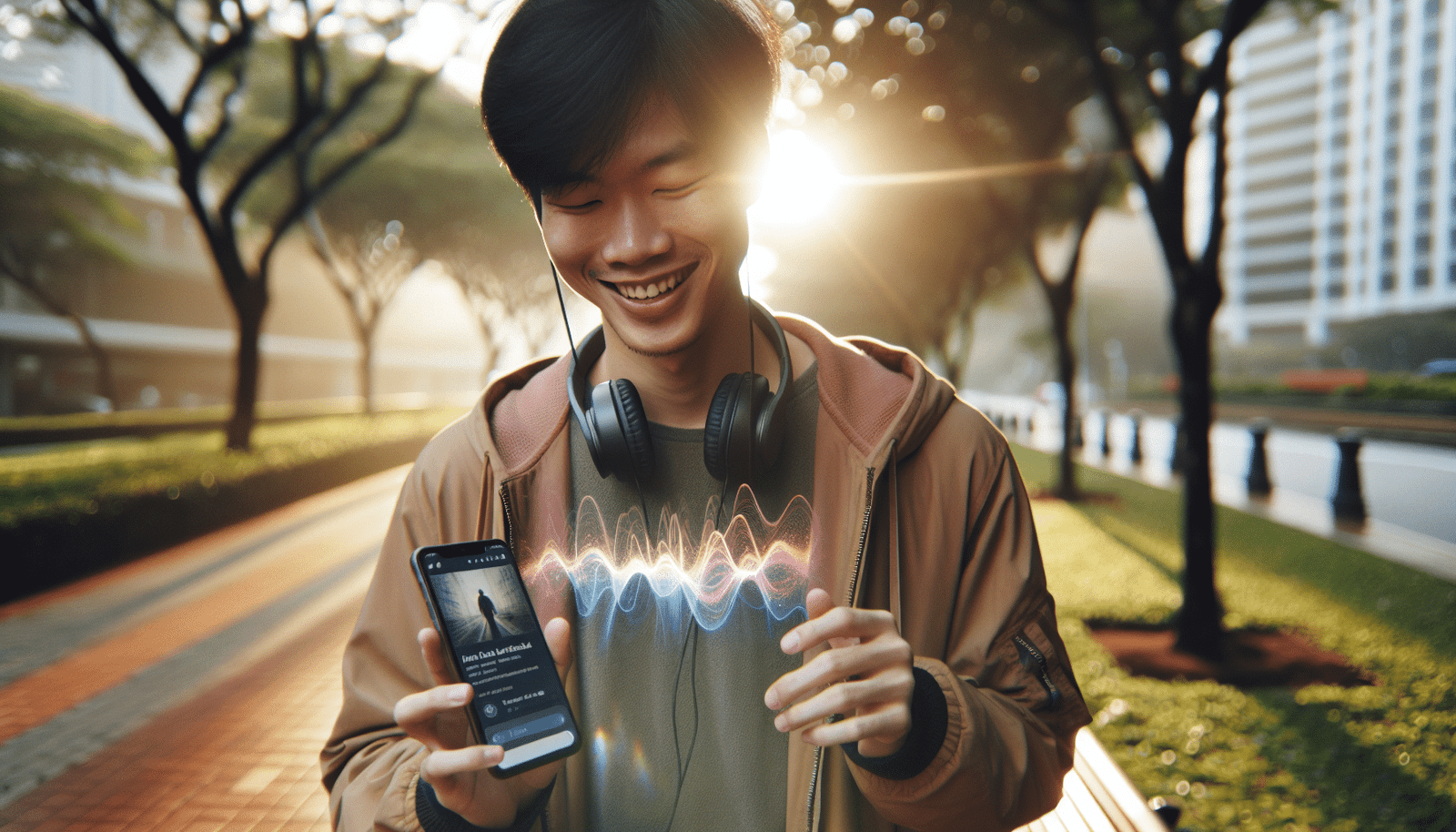 A person with headphones, smiling, walking in a park while their smartphone screen displays abstract sound waves and search results, indicating they are listening to an AI-generated audio overview. The scene is bright and dynamic, showcasing effortless information consumption.