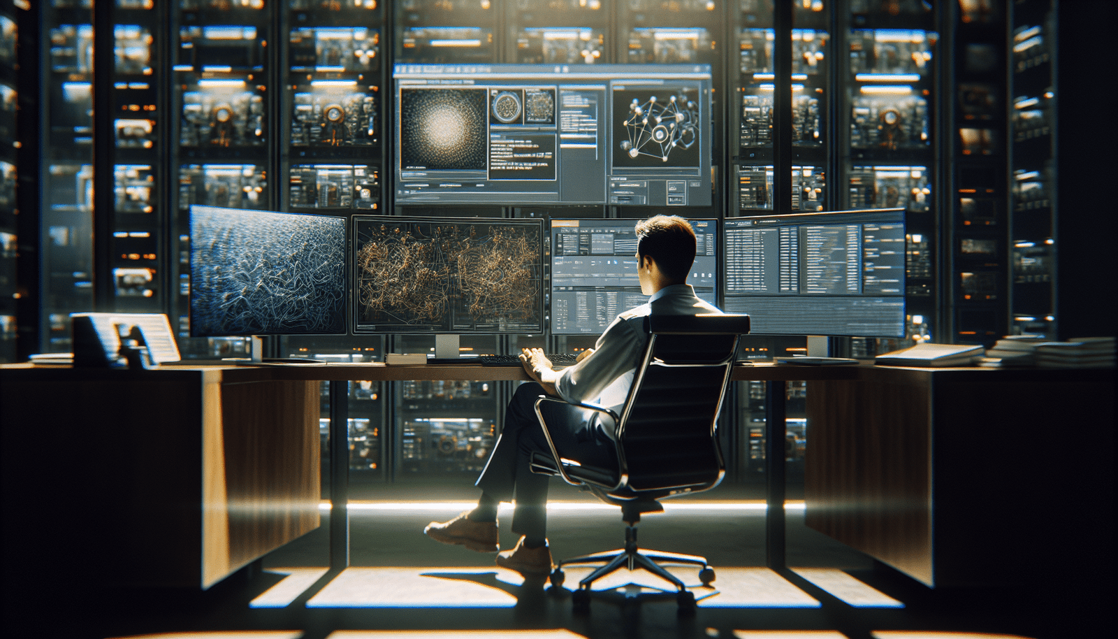 Un journaliste moderne assis devant plusieurs écrans d'ordinateur, un écran affiche des algorithmes et des graphiques complexes, un autre une transcription d'interview assistée par IA. La scène est dynamique, avec des éléments de data visualisation et une lumière tamisée. Style réaliste, futuriste, accent sur l'interaction humain-IA.
