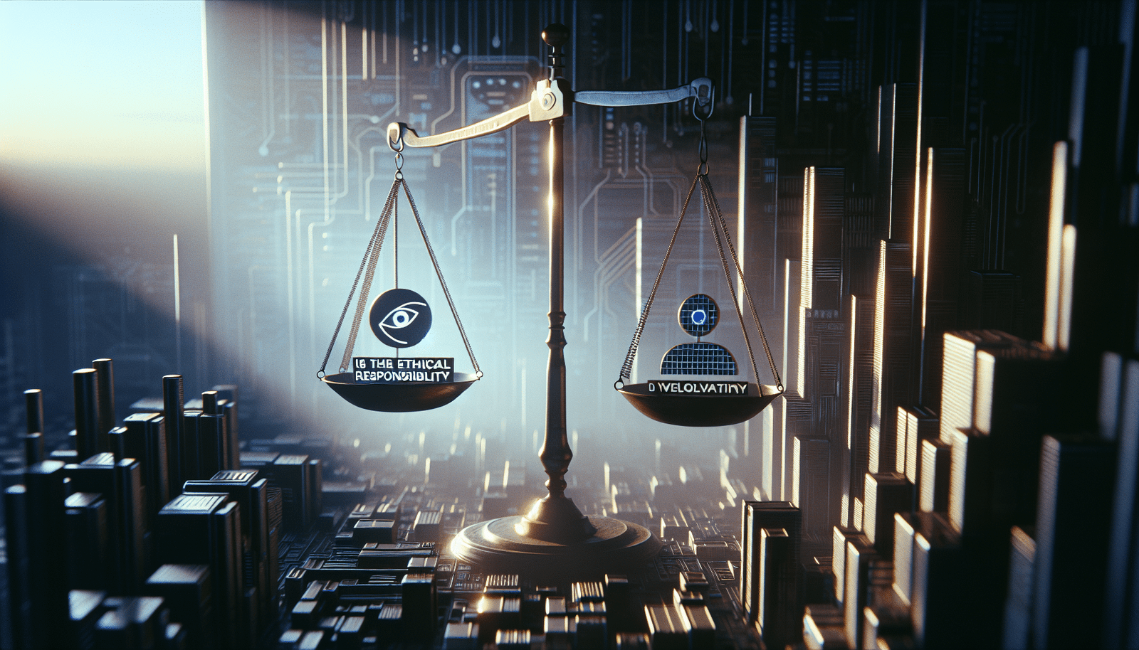 Une image artistique et symbolique d'une balance penchée, d'un côté un poids représentant la "Responsabilité Éthique" (peut-être avec un symbole de droits humains ou de surveillance), et de l'autre un poids représentant "Innovation et Progrès" (avec des circuits ou des graphiques de croissance). L'arrière-plan est un paysage urbain futuriste, suggérant les défis sociétaux liés à l'IA. Couleurs contrastées, ambiance contemplative.