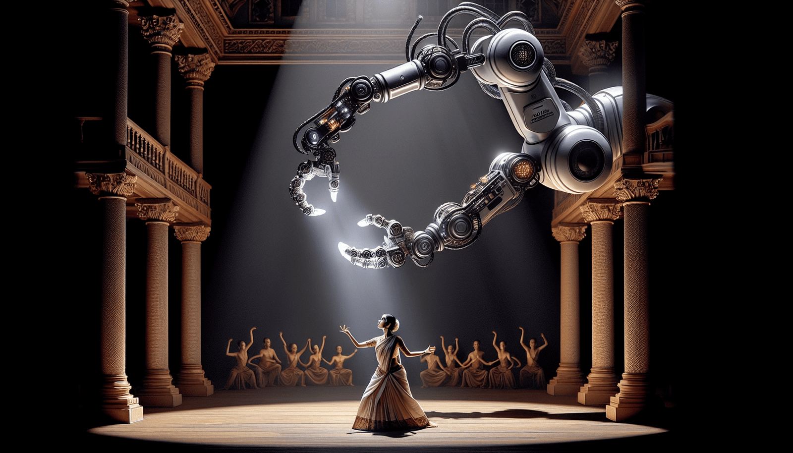 A robotic arm, subtly integrated into a classical theater set, projecting intricate light patterns onto an actor performing a dramatic scene. The image should convey both the traditional beauty of theater and the subtle intrusion of technology. Moody lighting, dramatic.