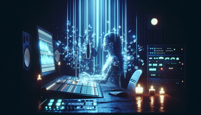 Un studio d'enregistrement futuriste et éthéré, avec des faisceaux de lumière néon bleus et violets émanant de consoles holographiques, symbolisant la fusion de la technologie IA et de la créativité musicale. Au centre, une silhouette d'artiste devant un microphone, son visage est partiellement pixélisé, suggérant l'influence de l'IA. Ambiance onirique et innovante.