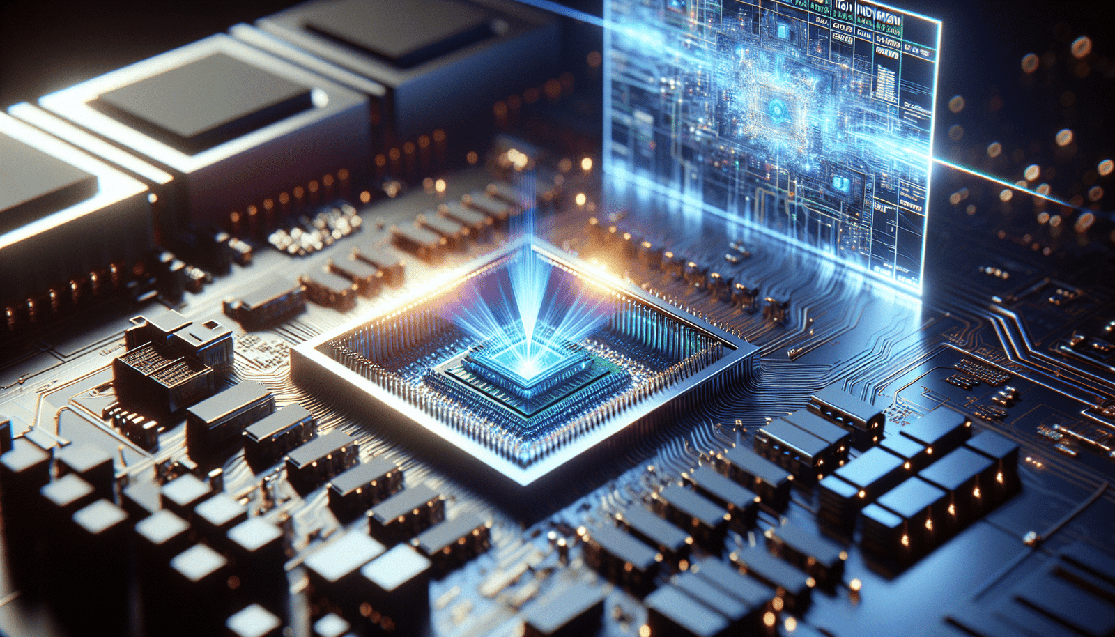 Un processeur d'IA ultra-moderne et complexe, dégageant une lumière bleue futuriste, avec des circuits imprimés formant un réseau dense. Sur le côté, une projection holographique d'un graphique de coûts et d'investissements élevés. L'atmosphère est à la fois innovante et coûteuse.