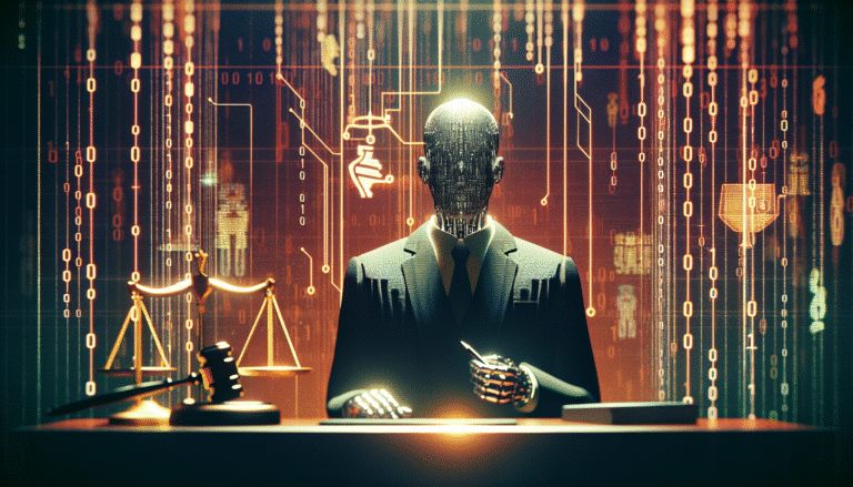 Une image conceptuelle représentant le logo d'OpenAI et une silhouette stylisée de Jony Ive superposés, avec des symboles juridiques (balance de justice, marteau de juge) en arrière-plan, le tout dans une esthétique futuriste et minimaliste, sur fond de données binaires fluides. Lumière dramatique.
