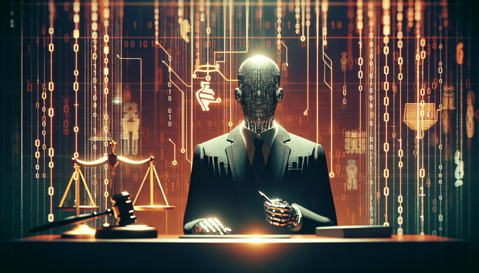 Une image conceptuelle représentant le logo d'OpenAI et une silhouette stylisée de Jony Ive superposés, avec des symboles juridiques (balance de justice, marteau de juge) en arrière-plan, le tout dans une esthétique futuriste et minimaliste, sur fond de données binaires fluides. Lumière dramatique.