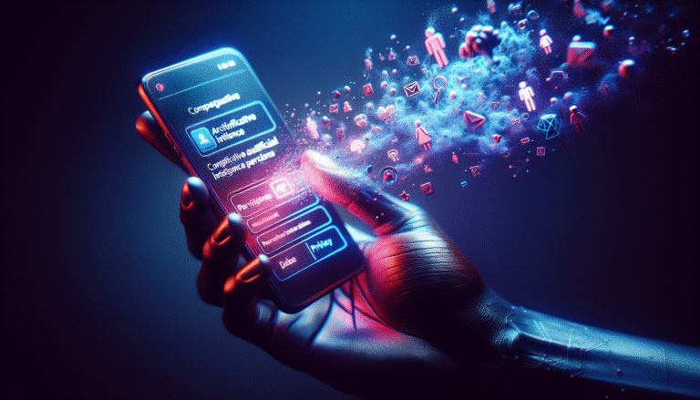 Une main humaine tenant délicatement un smartphone, dont l'écran lumineux affiche un pop-up de permission "Meta AI" avec un texte subtilement intrusif. Des petites icônes de photos s'échappant virtuellement de l'écran vers un nuage numérique abstrait, symbolisant le transfert de données. L'esthétique est moderne, épurée, avec des nuances de bleu profond et de magenta, évoquant la technologie et un soupçon de mystère.