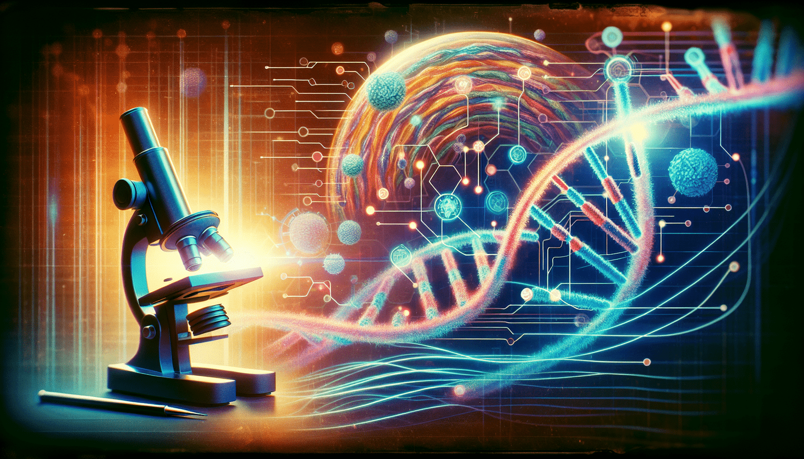 Une visualisation abstraite de l'ADN et de marqueurs génétiques se transformant en un flux de données numériques, avec un microscope stylisé en arrière-plan, symbolisant la capacité de l'IA à analyser les biopsies au niveau génétique pour la médecine personnalisée. Couleurs vives et dynamiques.