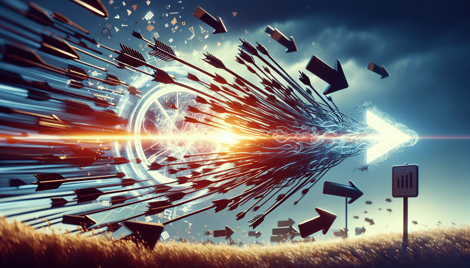 Représentation métaphorique de la compétition technologique, plusieurs flèches de startups de dictée IA s'élançant dans une course futuriste, avec une flèche plus grande et plus rapide (Wispr Flow) en tête, entourée d'un halo d'innovation et de confiance des investisseurs.