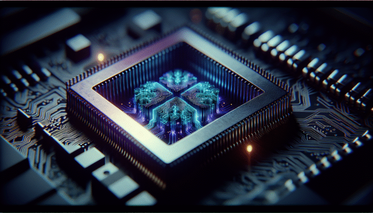 Un processeur stylisé avec des circuits lumineux formant un cerveau abstrait, symbolisant l'intelligence artificielle avancée et le raisonnement, sur un fond sombre et futuriste. Couleurs bleues et violettes dominantes.
