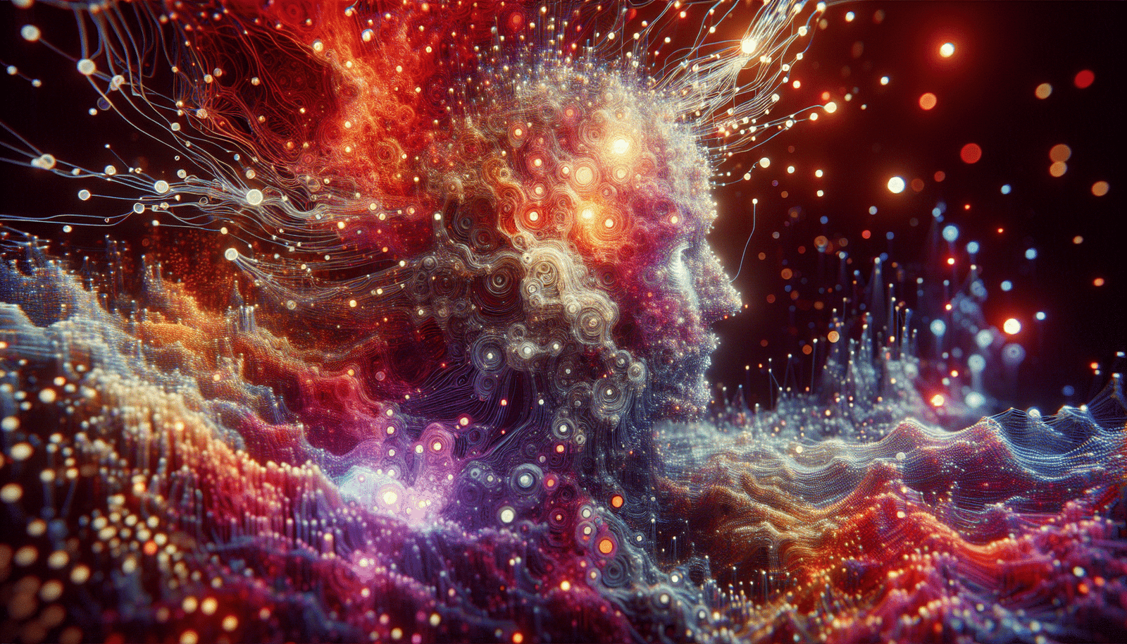 Un réseau neuronal stylisé et abstrait en 3D, des millions de points lumineux interconnectés formant des images reconnaissables (visages, paysages, objets) dans un flux de données lumineux, avec des teintes cybernétiques, science-fiction, détails complexes.