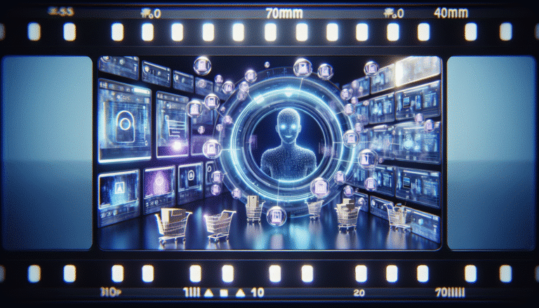 Une interface futuriste de shopping en ligne alimentée par l'IA, avec des produits flottant dans des bulles personnalisées autour d'un avatar de consommateur souriant, dans un style technologique et épuré, teintes bleues et violettes.