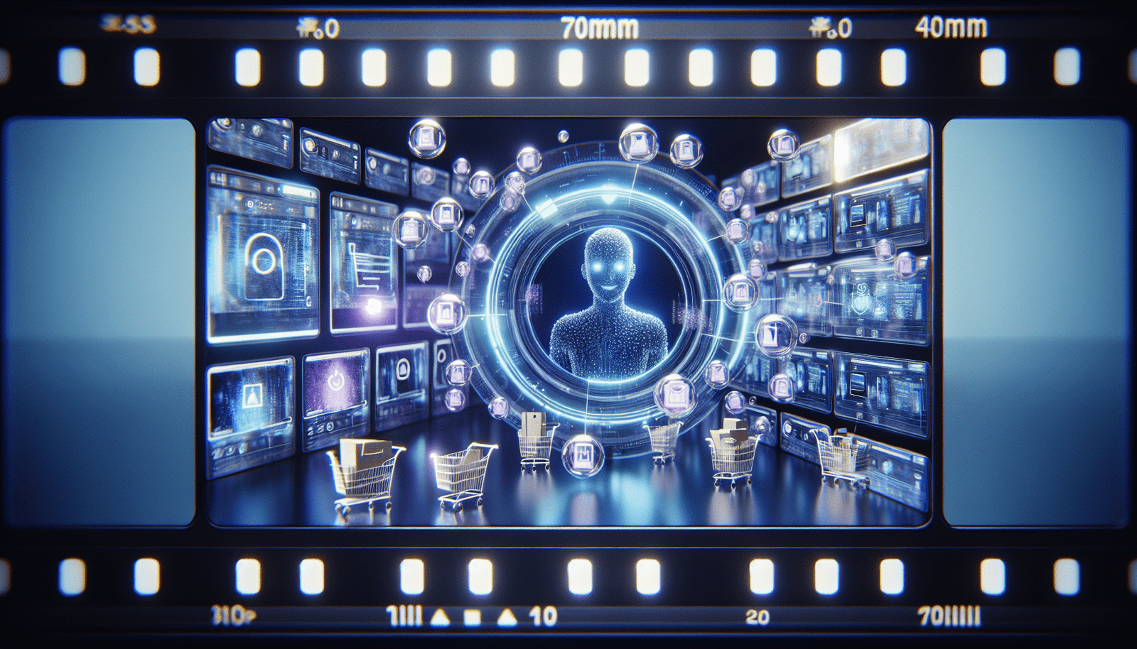 Une interface futuriste de shopping en ligne alimentée par l'IA, avec des produits flottant dans des bulles personnalisées autour d'un avatar de consommateur souriant, dans un style technologique et épuré, teintes bleues et violettes.