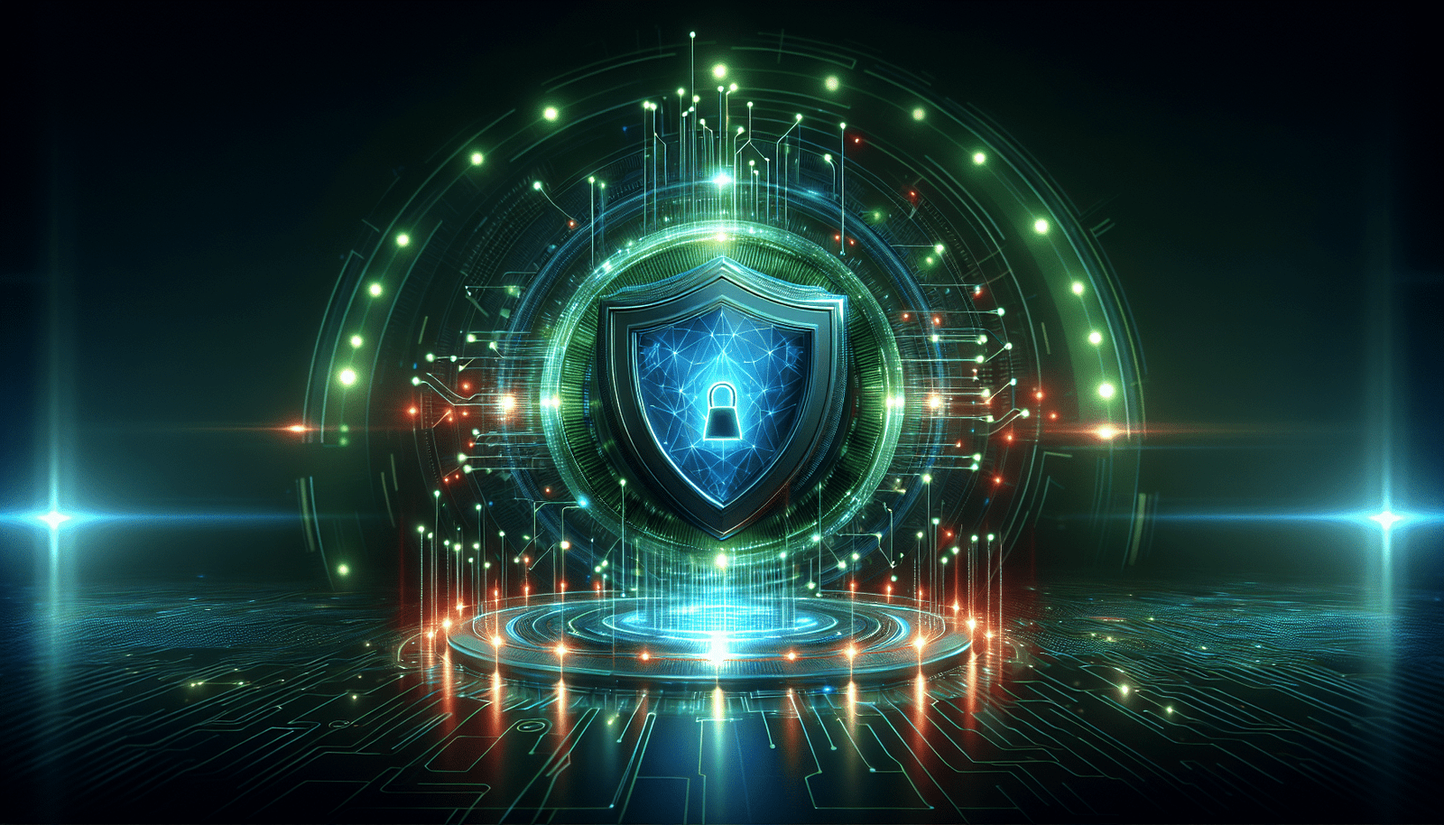 Un bouclier numérique stylisé protégeant un réseau de données complexe, avec des lumières clignotantes symbolisant la vigilance en cybersécurité et des connexions sécurisées. Ambiance futuriste, dynamique et rassurante. Couleurs vives comme le vert et le bleu.