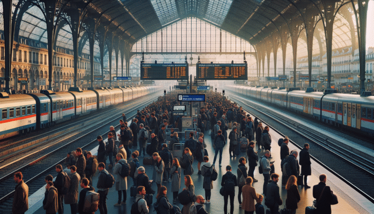 Un quai de gare parisienne bondé avec des écrans affichant des retards et des annulations de trains, des voyageurs l'air patient et résigné, ambiance urbaine et légèrement chaotique, éclairage doux du matin. Style photojournalistique.