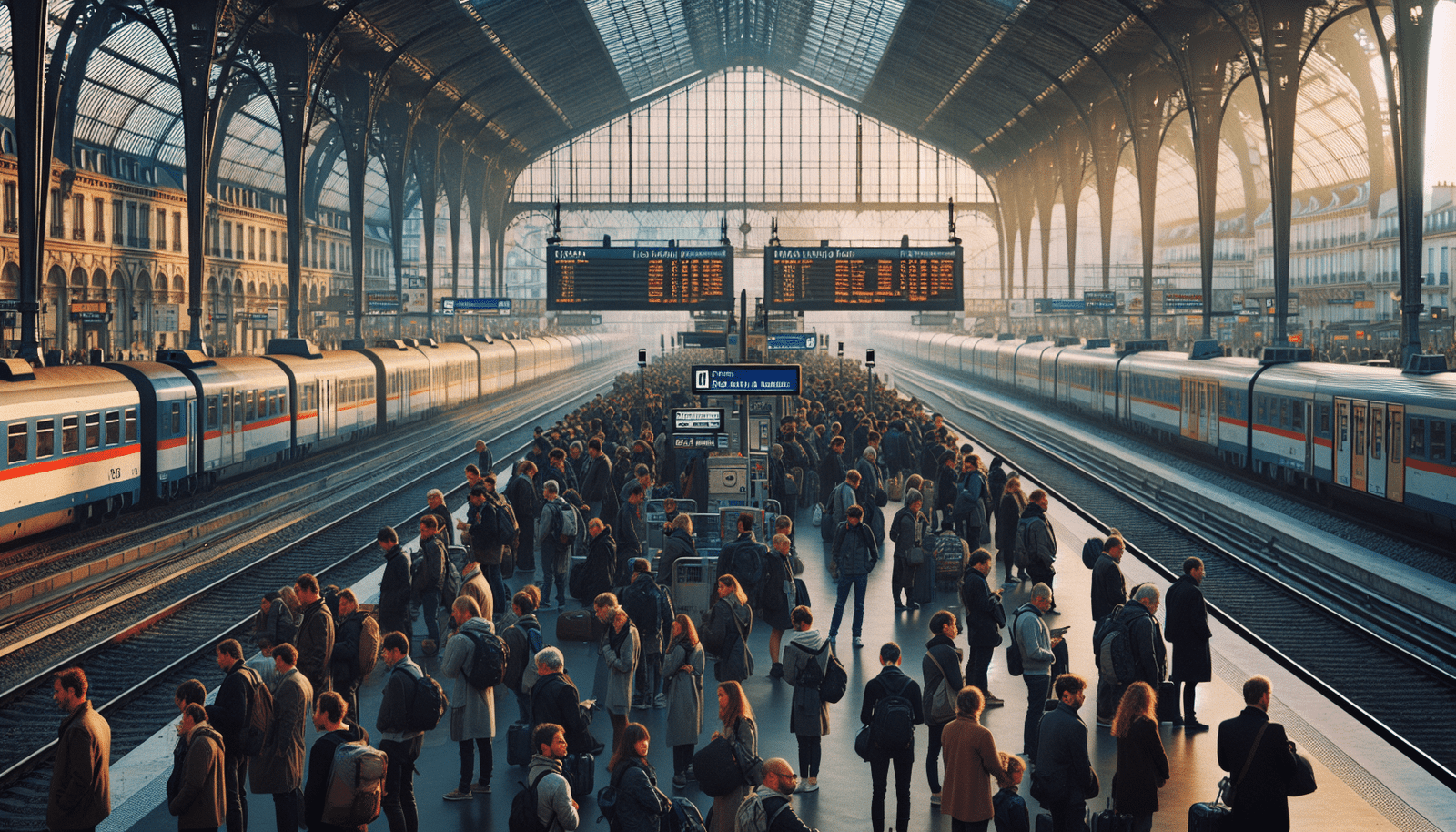 Un quai de gare parisienne bondé avec des écrans affichant des retards et des annulations de trains, des voyageurs l'air patient et résigné, ambiance urbaine et légèrement chaotique, éclairage doux du matin. Style photojournalistique.