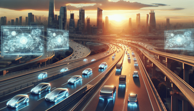Une image futuriste et dynamique montrant une autoroute urbaine sans embouteillages, avec des voitures autonomes et connectées fluides. Des hologrammes de données de trafic en temps réel flottent au-dessus de la route. Lumières vives, ville moderne en arrière-plan au lever ou coucher de soleil. Style réaliste avec des touches de science-fiction.