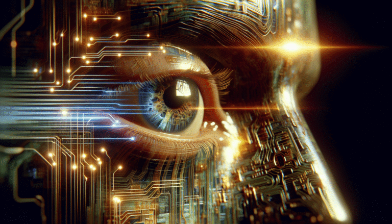 Un diagramme conceptuel futuriste montrant un œil humain avec des zones de vision floue (cataracte) se transformant en une vision nette grâce à des lignes de code et des circuits imprimés symbolisant l'IA. Couleurs vives, fond médical high-tech.