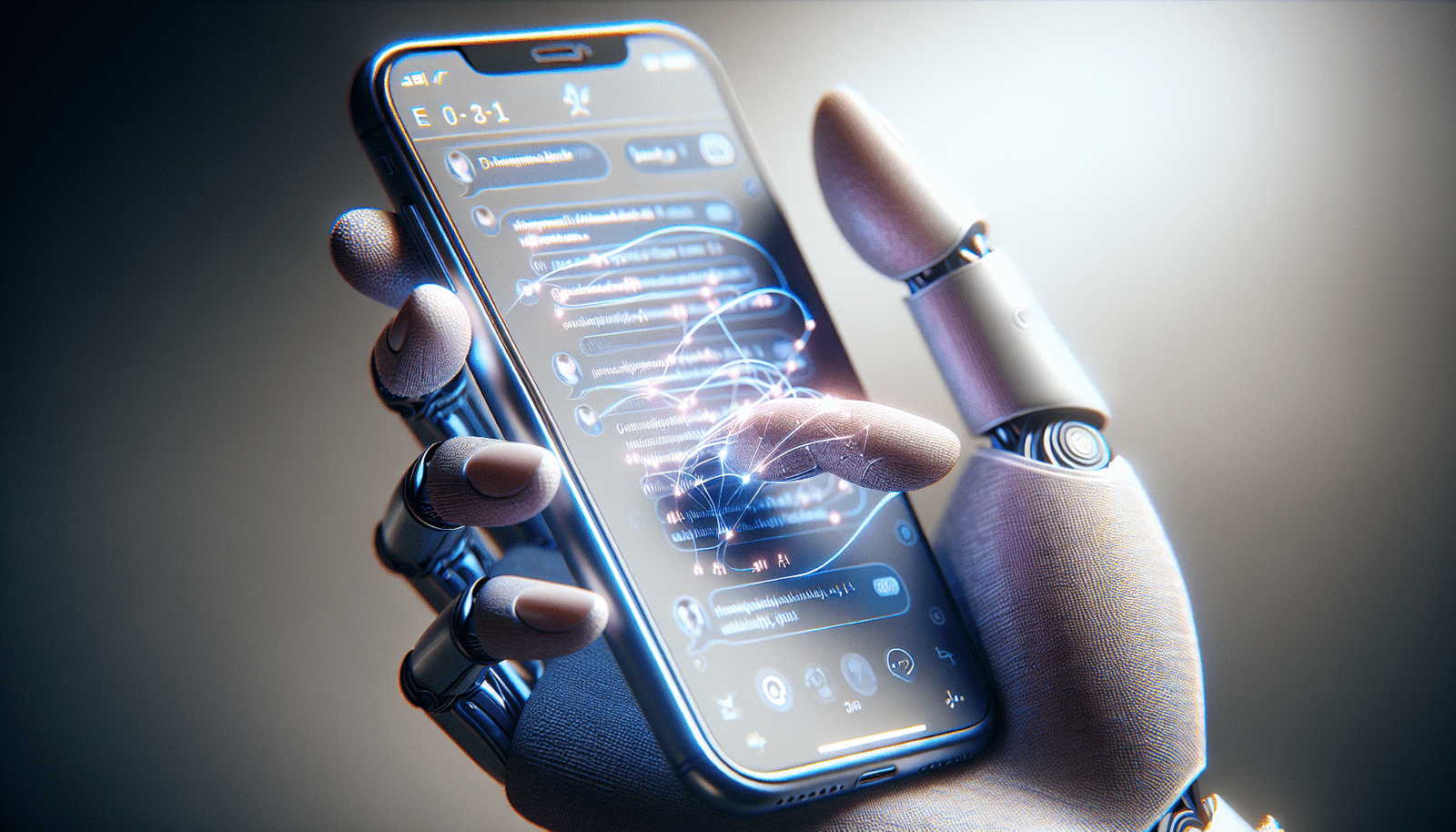 A close-up of a person's hand holding a smartphone, displaying a dating app interface. A chat bubble on the screen contains text, with subtle glowing lines or binary code woven into the text, indicating AI assistance. The background is softly blurred, focusing on the phone and the digital interaction. Clean, modern design, emphasizing technology and communication.