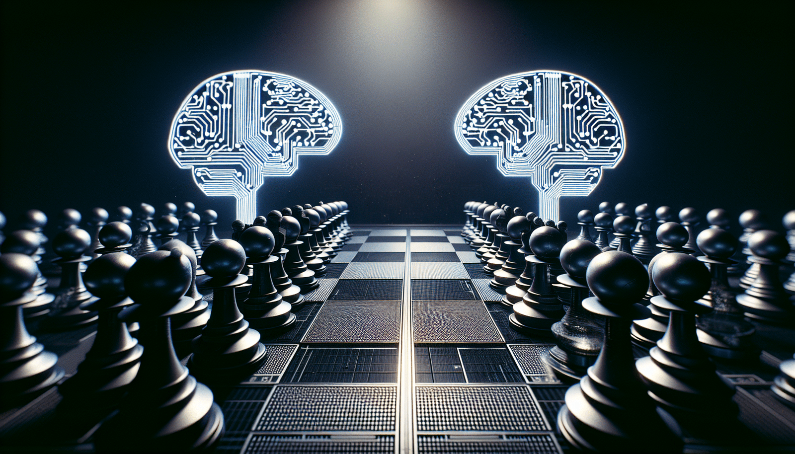 Deux logos d'entreprise stylisés (Meta et OpenAI) se faisant face sur un échiquier numérique géant, avec des pièces d'échecs brillantes représentant des cerveaux, illustrant une compétition stratégique intense. Éclairage dramatique, perspective de haut en bas, avec un focus sur les pièces en mouvement.
