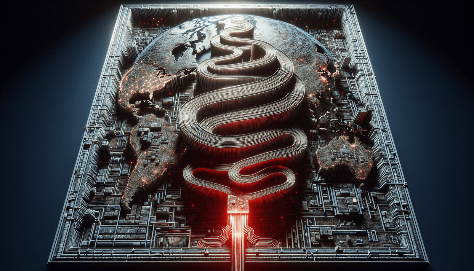 A visually striking, abstract representation of a complex, intertwined global supply chain. Digital circuit lines form a tangled web, with a section visibly constricted or broken, symbolizing the $15 billion bottleneck caused by trade restrictions. Glowing red lines emanate from the constricted area, suggesting financial impact and tension. The overall mood is serious and complex.