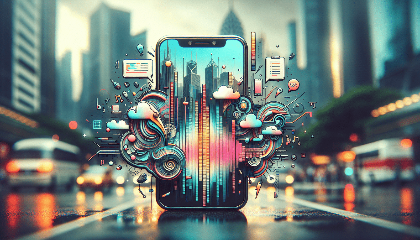 Un smartphone stylisé émettant des ondes vocales qui se transforment en texte intelligent sur l'écran, avec des bulles de pensée contextuelles apparaissant autour du texte. L'arrière-plan flou d'une ville dynamique, symbolisant l'utilisation mobile. Palette de couleurs modernes et numériques.