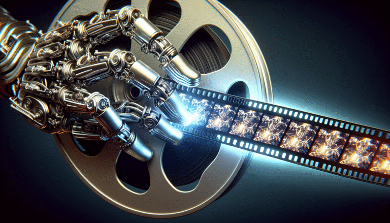 Une main robotique émergeant d'un écran de cinéma, tenant une bobine de film numérique avec des images générées par IA qui s'animent en arrière-plan. Style : Futuriste, cinématographique, lumières vives et contrastées.