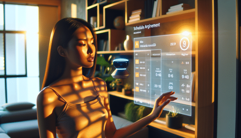 Une scène moderne et futuriste où un assistant IA holographique aide une personne à organiser son emploi du temps dans un salon minimaliste, avec des éléments domotiques intelligents en arrière-plan. Couleurs vives, ambiance sereine et productive, reflétant l'harmonie entre technologie et vie quotidienne.