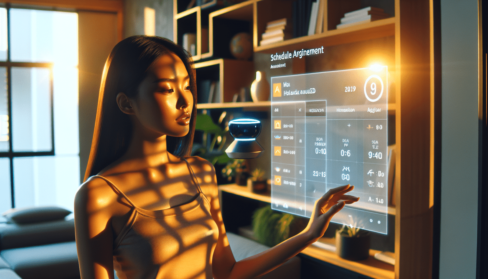 Une scène moderne et futuriste où un assistant IA holographique aide une personne à organiser son emploi du temps dans un salon minimaliste, avec des éléments domotiques intelligents en arrière-plan. Couleurs vives, ambiance sereine et productive, reflétant l'harmonie entre technologie et vie quotidienne.